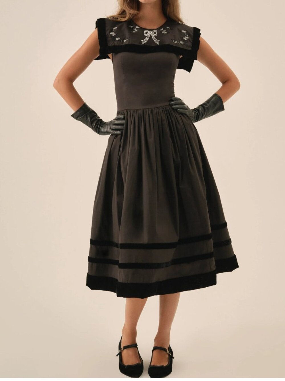 NEW $319 FOR LOVE AND LEMONS TRAIN STATION POPLIN MIDI DRESS IN BLACK SIZE S